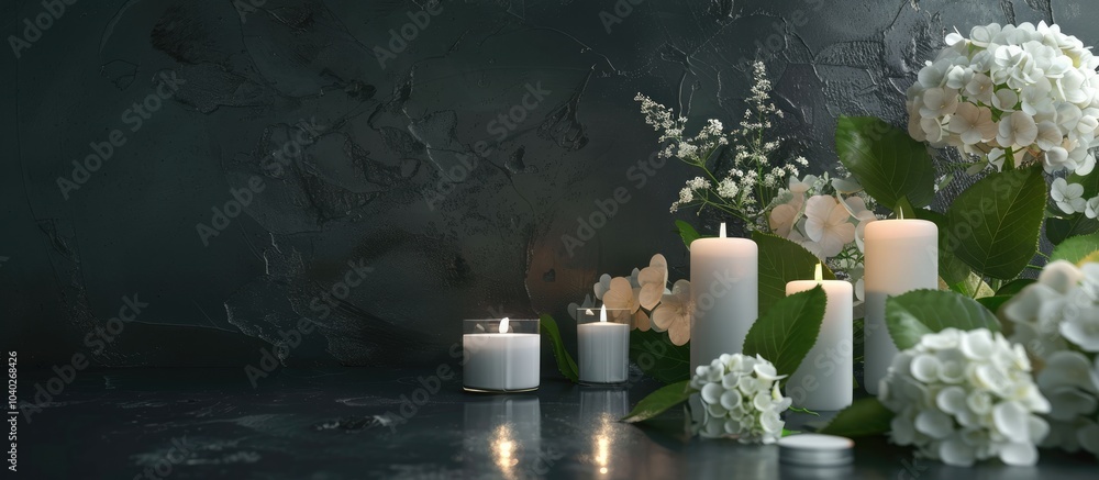 Poster an elegant spa arrangement featuring skincare products lit candles and hydrangea flowers on a grey s