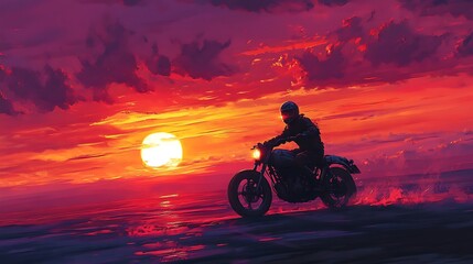 A helmeted biker riding across an open plain, the sun sinking low on the horizon, casting a vivid orange glow over the landscape, the sky above filled with streaks of pink and purple,