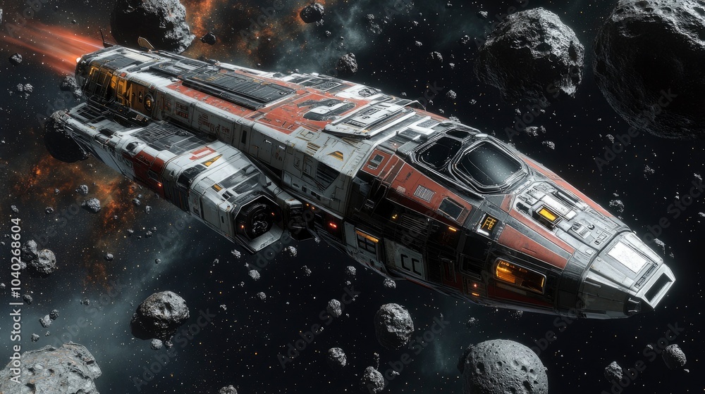 Poster futuristic spaceship navigating through an asteroid belt in deep space
