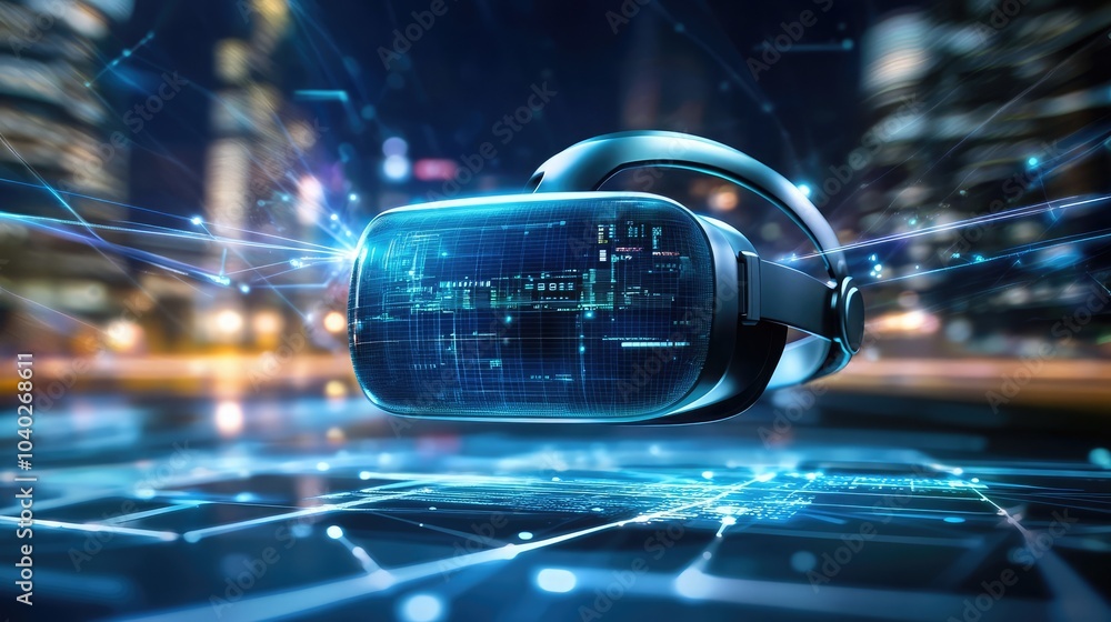 Poster virtual reality headset in a futuristic environment, with holographic data streams visualizing advan