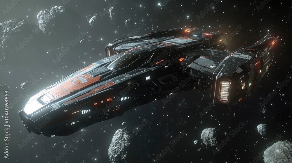 Poster futuristic spaceship navigating through an asteroid field in deep space