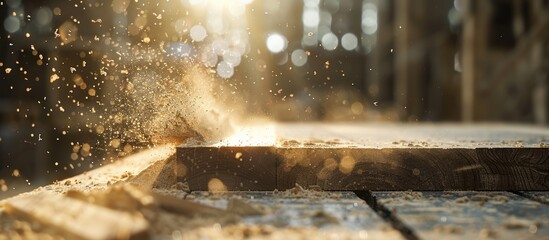 Sawdust is floating in the air behind a 2x4 being sanded in an industrial setting with a copy space image available