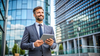 Fototapeta premium professional businessman outside standing office in a suit engaging with technology amidst urban architecture Modern businessperson using a tablet outside a glass building.