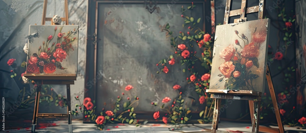 Aufkleber art studio backdrop with easels and flowers in focus for use with copy space image