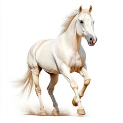 Obraz premium A majestic white horse galloping gracefully on a white background.