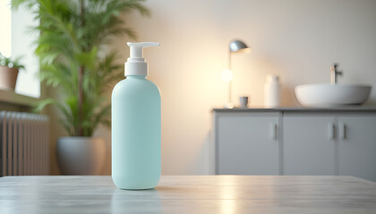 Mint green plastic pump bottle on marble table in modern bathroom with plant and lighting
