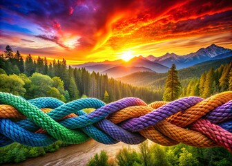 Strong Diverse Network Team Concept with Colorful Braided Ropes in Landscape Photography for Cooperation and