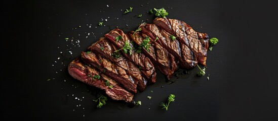 Top view of grilled arrachera skirt steak with garnish against a black background perfect for a copy space image