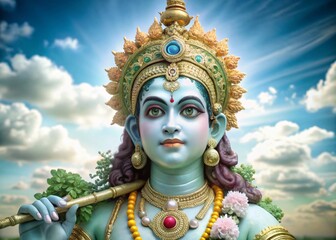 Obraz premium Stunning 3D Golden Lord Krishna Portrait for Home Decor and Spiritual Art Enthusiasts
