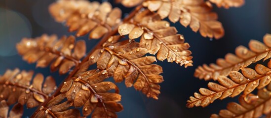 Fototapeta premium Closeup of a slightly wet fuzzy dried fern leaf with a brown tint evoking an autumn feel in a copy space image