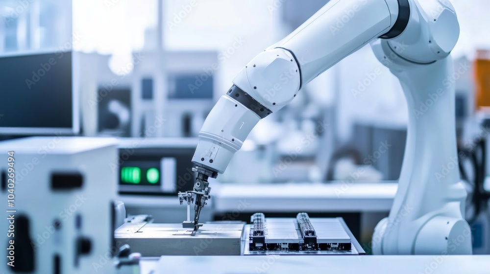 Poster a robotic arm assembling advanced audio equipment in a clean, high-tech audio lab, modern and techni