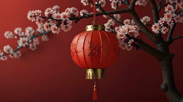 Red lantern and blooming cherry with red background, happy chinese new year festival.