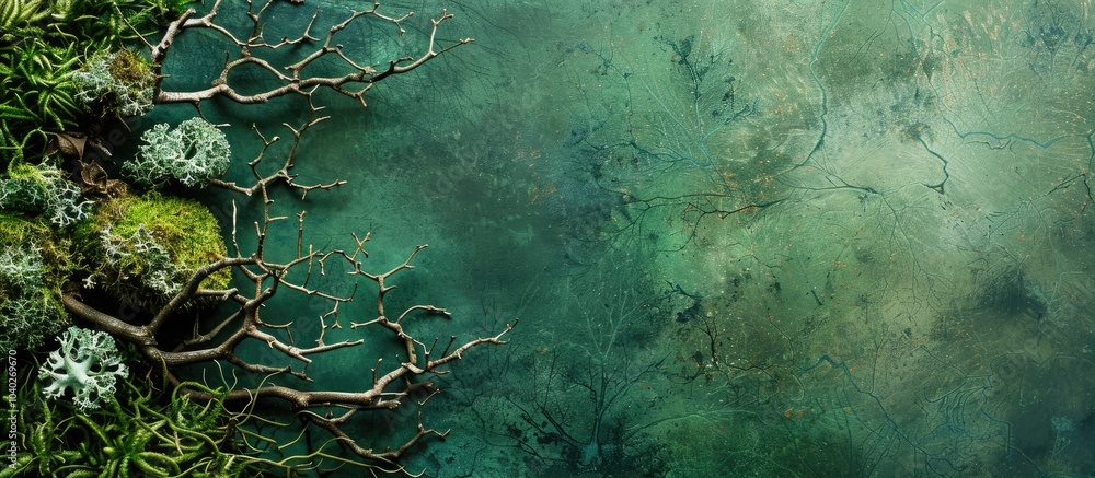 Poster green backdrop showcasing moss stones and dry branches creating an abstract natural setting with spa