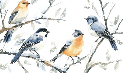 Fototapeta premium Watercolor illustration of winter birds perched amidst snowy branches, capturing the essence of the season