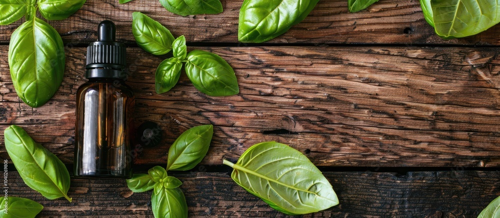 Poster basil essential oil displayed on a textured wooden surface accompanied by fresh leaves for aromather