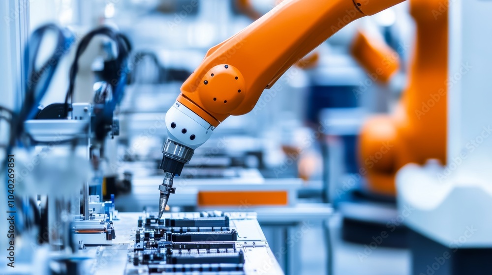 Poster A robotic arm assembling advanced audio equipment in a clean, high-tech audio lab, modern and technical environment with a focus on audio technology