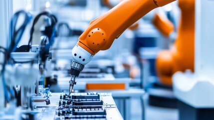A robotic arm assembling advanced audio equipment in a clean, high-tech audio lab, modern and technical environment with a focus on audio technology