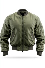 A single green bomber jacket on a white background