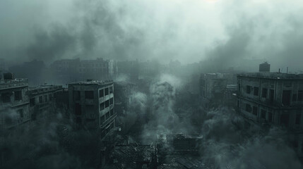 A foggy, desolate cityscape shrouded in smoke and decay, showcasing remnants of buildings amidst an eerie, dystopian atmosphere.