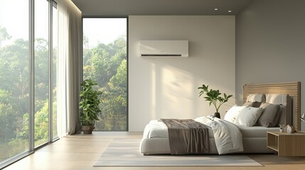 A bedroom with a large bed, a window, and a plant