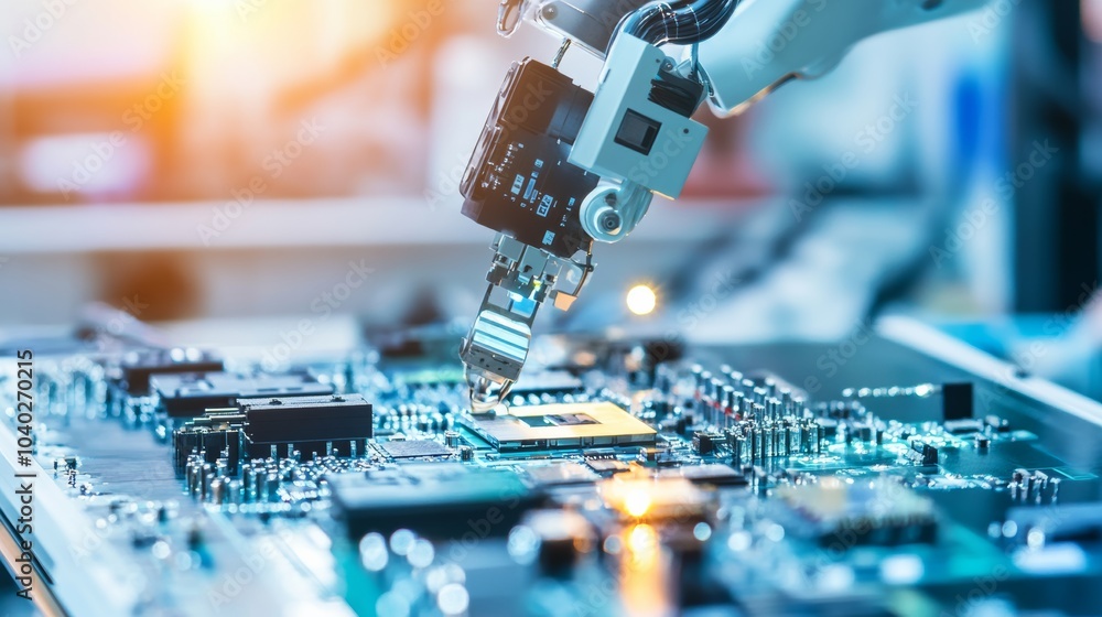 Poster a robotic arm assembling advanced electronic circuits in a sleek, high-tech electronics lab, modern 