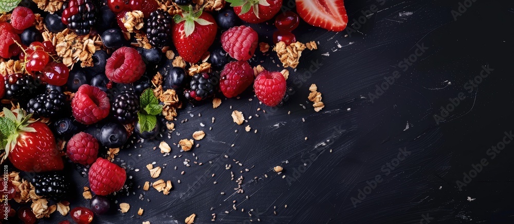 Poster flat lay of delicious granola topped with assorted fruits and berries on a black table with plenty o