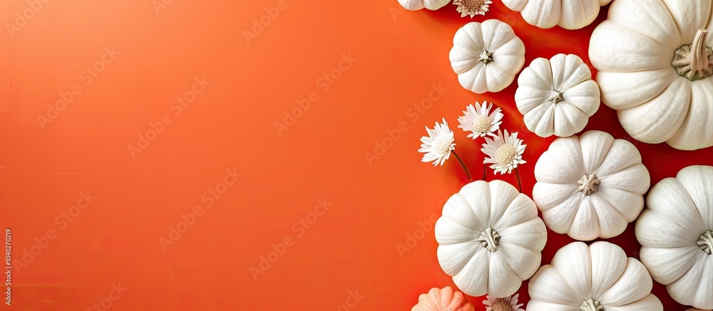 Canvas Prints creative top down view of white pumpkin arrangement on an orange backdrop with ample copy space imag