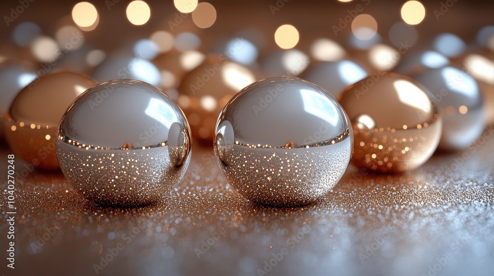 Poster reflective spheres with glittery background creating a shimmering atmosphere