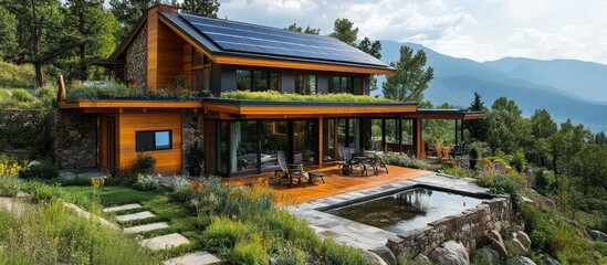 Fototapeta premium Modern house with a green roof, a swimming pool and a stone patio, set against a backdrop of mountains and lush green forest.