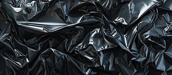 Top view of a clean black plastic garbage bag with copy space image crumpled slightly for a closeup wide banner background