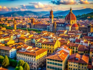 Obraz premium Stunning Aerial Tilt-Shift View of Florence, Italy - A Beautiful Capital of Tuscany Showcasing Iconic Landmarks and