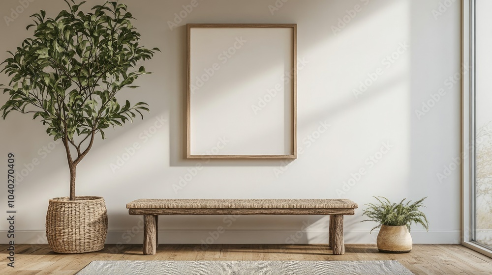 Poster blank wall frame above a simple bench in a scandinavian-style room