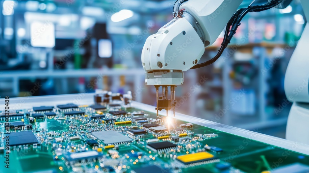 Poster a robotic arm assembling advanced electronic circuits in a sleek, high-tech electronics lab, modern 