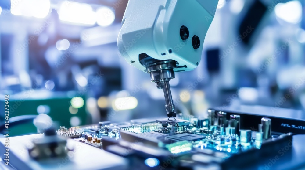Poster a robotic arm assembling advanced electronic circuits in a sleek, high-tech electronics lab, modern 