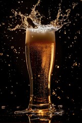 A glass filled with beer and water splashing out, perfect for a refreshing drink