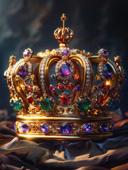 Obraz premium A lavish golden crown adorned with colorful gemstones, resting elegantly on a rich fabric.
