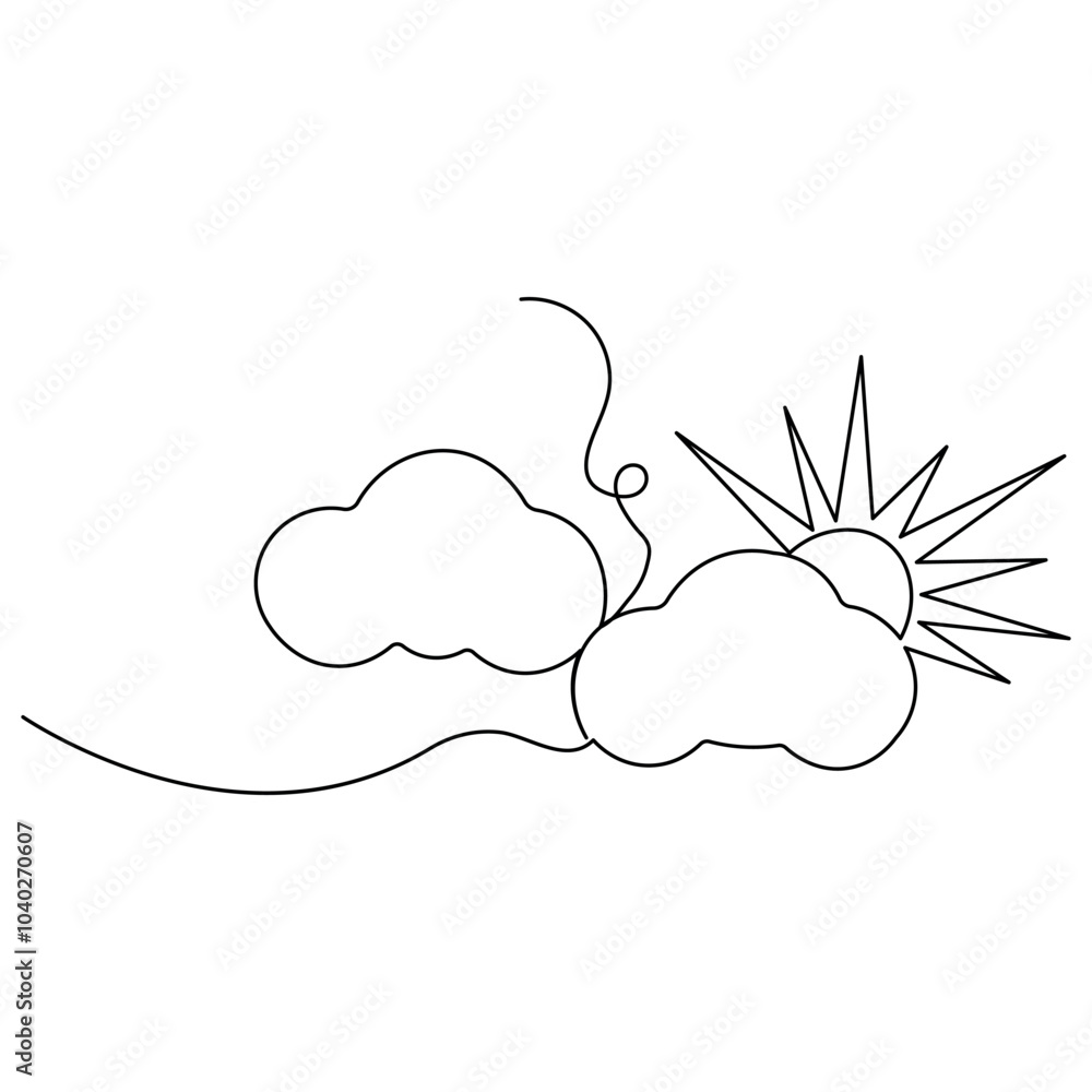 Poster cloud single line art, continuous one line drawing of isolated outline vector icon