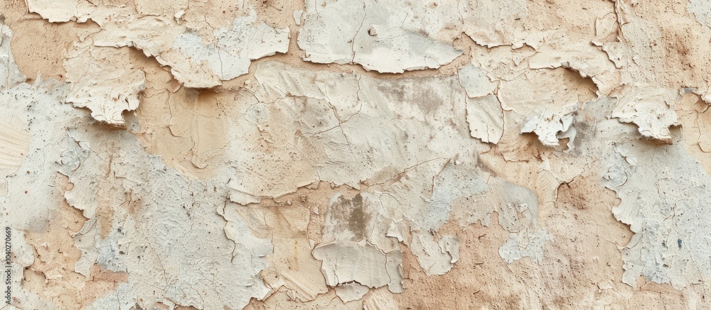 Poster close up image showing a weathered concrete wall with chipped beige paint highlighting its rough tex