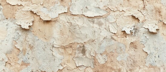 Close up image showing a weathered concrete wall with chipped beige paint highlighting its rough texture in the copy space image