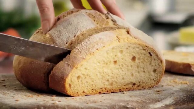 cutting fresh bread with a big knife. Fresh baguette on the kitchen table.