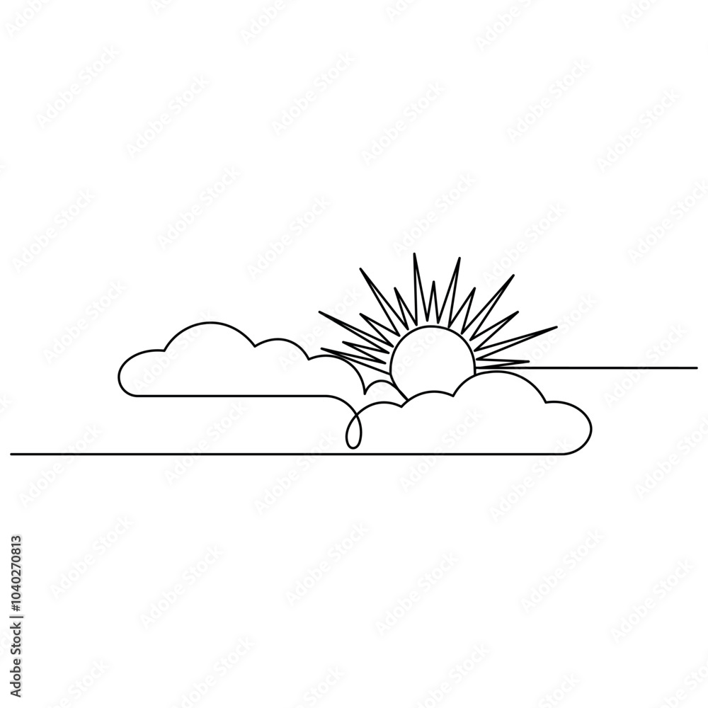 Poster cloud single line art, continuous one line drawing of isolated outline vector icon