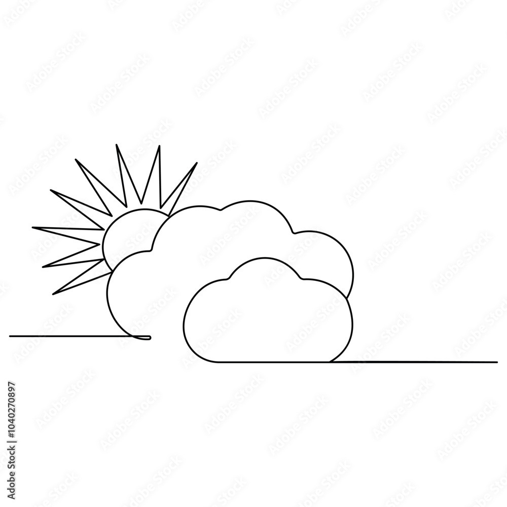 Poster cloud single line art, continuous one line drawing of isolated outline vector icon