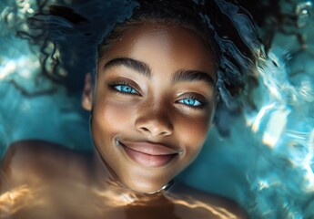 An African black girl joyfully floats on the water’s surface, embodying serenity and carefree vibes.