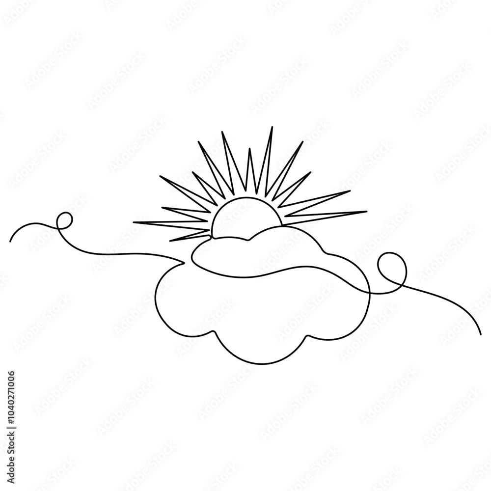 Poster cloud single line art, continuous one line drawing of isolated outline vector icon