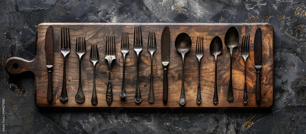 Aufkleber cutlery arranged neatly on an empty wooden cutting board displayed against a dark textured concrete 