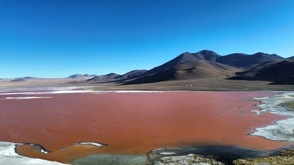 Laguna Colorada. Red salt lake in the southwest of the altiplano of Bolivia. The red color is...