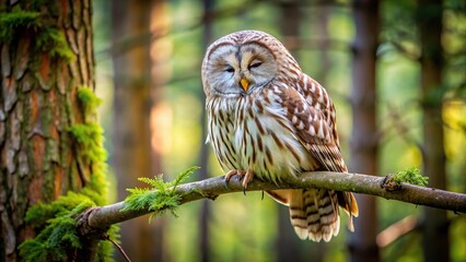 Obraz premium Aerial Ural Owl sleeping on a tree branch in a forest