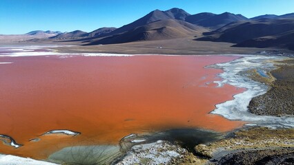 Laguna Colorada. Red salt lake in the southwest of the altiplano of Bolivia. The red color is...