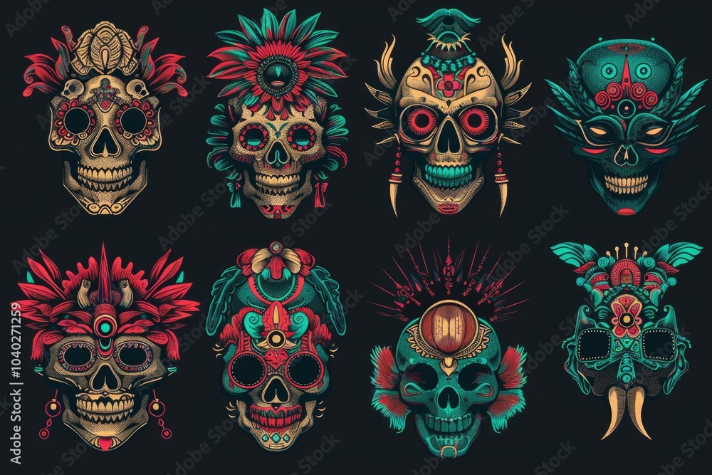 Poster a collection of skulls with unique designs and patterns