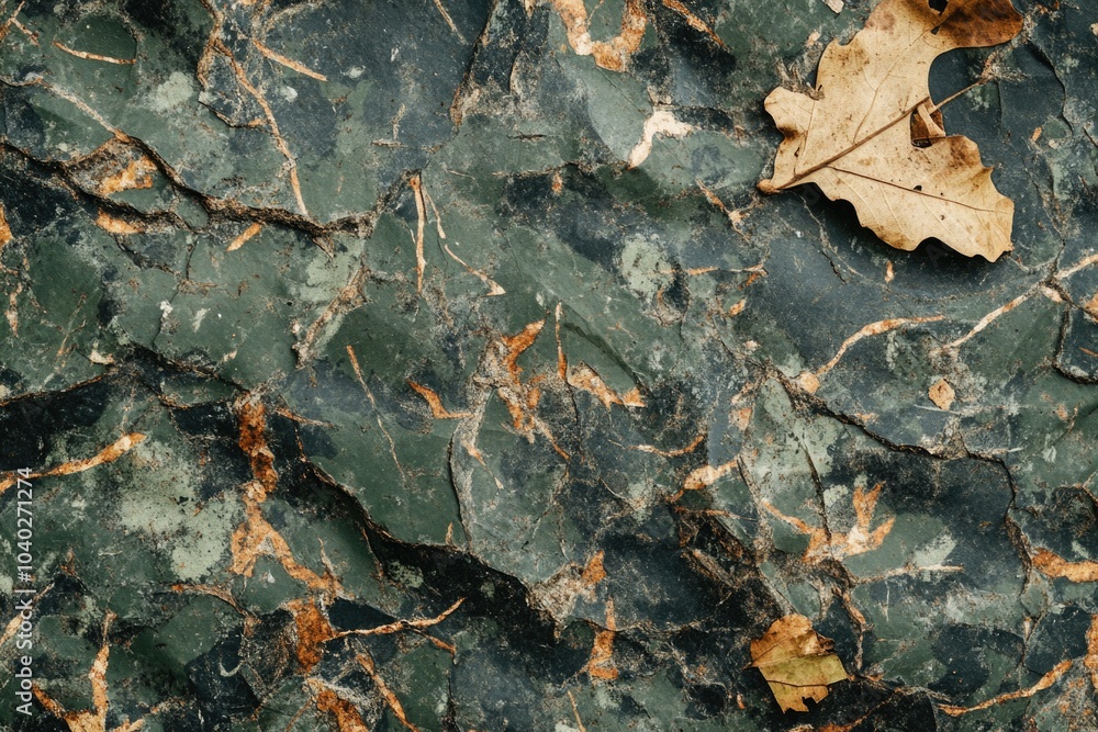 Poster close-up view of a single leaf stuck to a rocky surface, highlighting the intricate details of natur